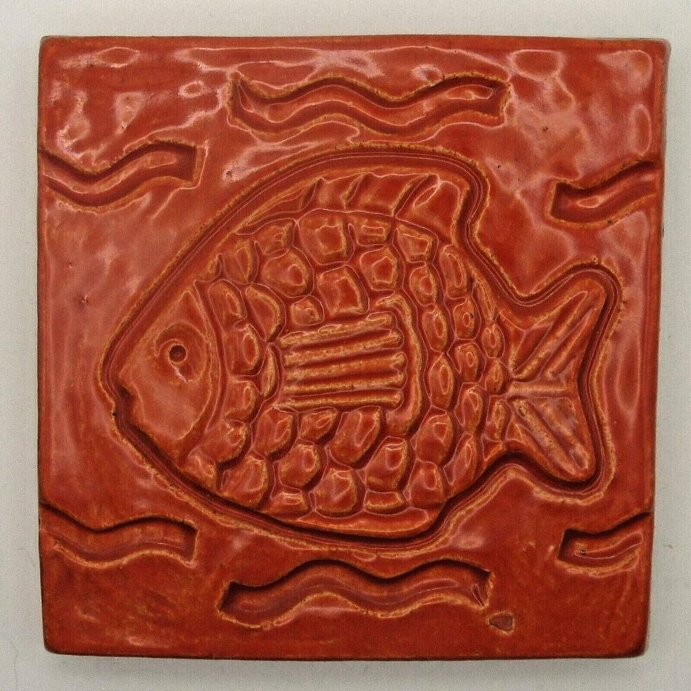 Vintage BSR Art Pottery Cincinnati Ohio Stoneware Fish Thick 4" Tile Rust Orange